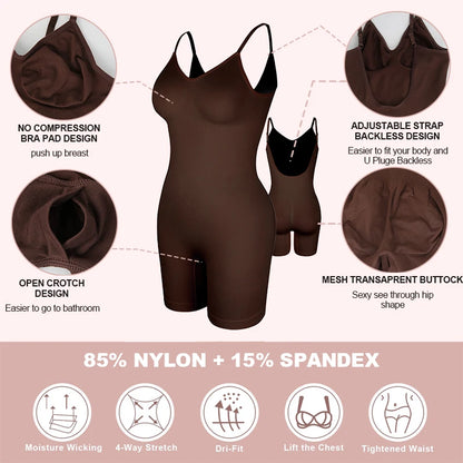 Mid-Thigh Tummy Control Backless Bodysuit Shapewear